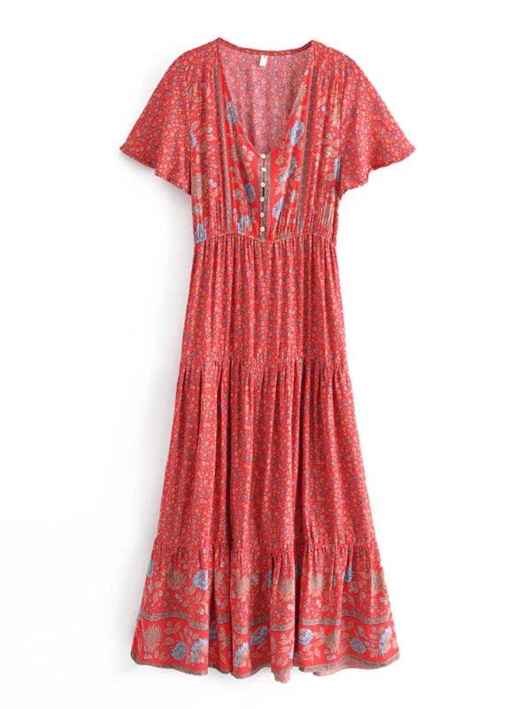 Button Summer Boho Pleated Floral Maxi Dress - SHExFAB