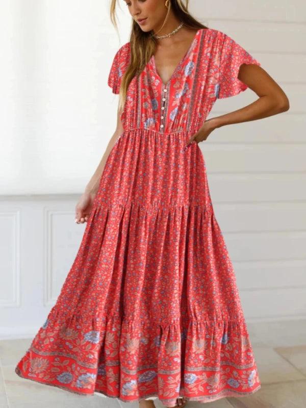 Button Summer Boho Pleated Floral Maxi Dress - SHExFAB