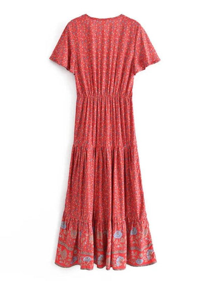 Button Summer Boho Pleated Floral Maxi Dress - SHExFAB