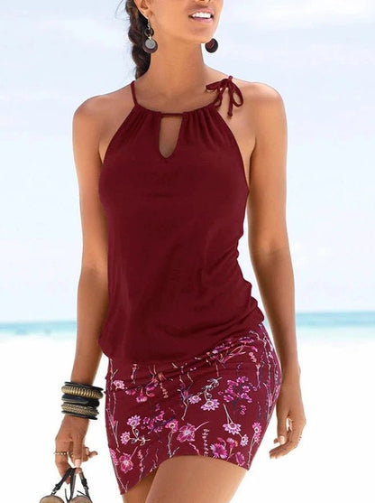 Casual Lace - Up Halter Mini Floral Beach Dress - SHExFAB