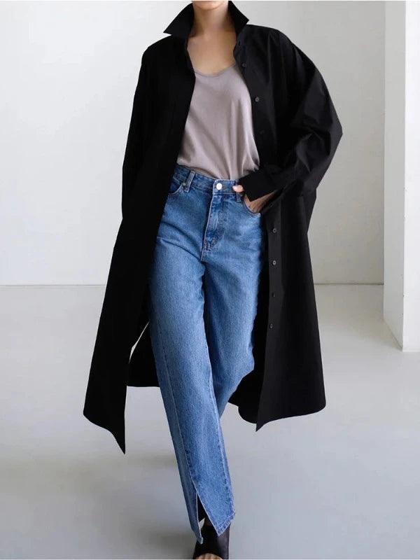 Casual Long Sleeve Slit Oversized Long Shirt Dress - SHExFAB