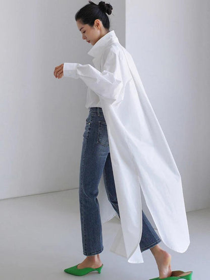 Casual Long Sleeve Slit Oversized Long Shirt Dress - SHExFAB