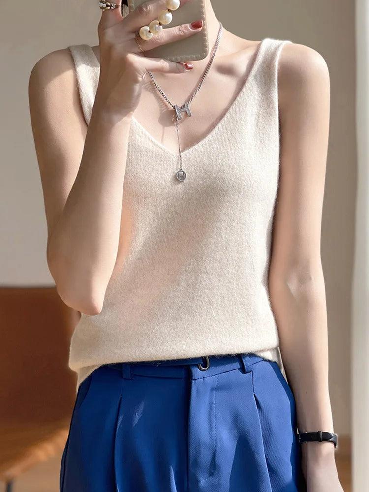 Casual V - Neck Summer Knit Tank Top - SHExFAB