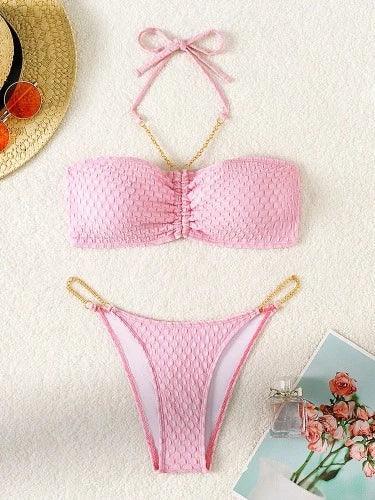 Chain Strap Pink Bikini Top and Bottom Set - SHExFAB