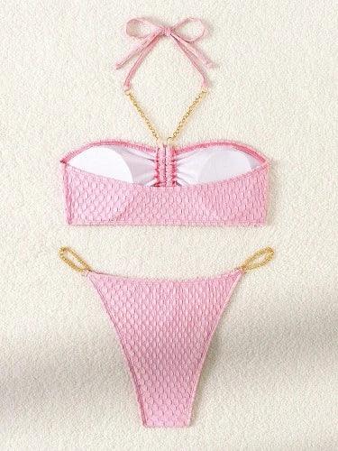 Chain Strap Pink Bikini Top and Bottom Set - SHExFAB