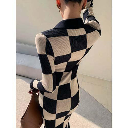 Checkerboard Slim Sweater Dress - SHExFAB