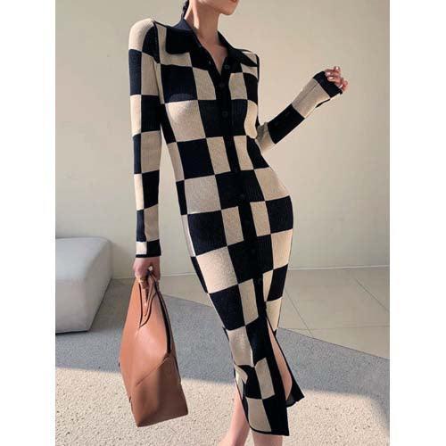 Checkerboard Slim Sweater Dress - SHExFAB