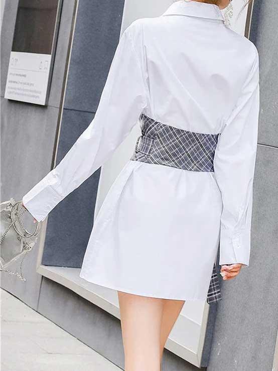 Corset Belt Asymmetrical White Shirt Dress - SHExFAB