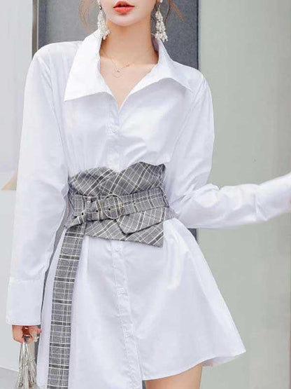 Corset Belt Asymmetrical White Shirt Dress - SHExFAB