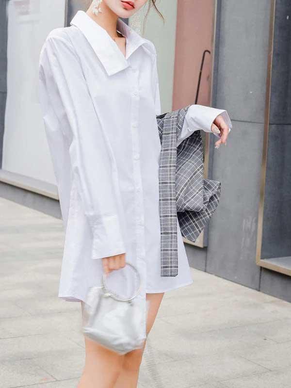 Corset Belt Asymmetrical White Shirt Dress - SHExFAB