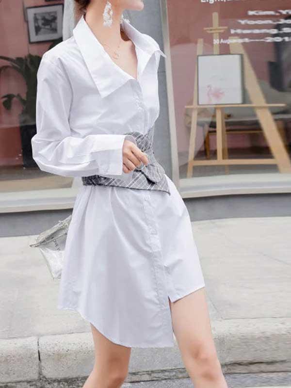 Corset Belt Asymmetrical White Shirt Dress - SHExFAB