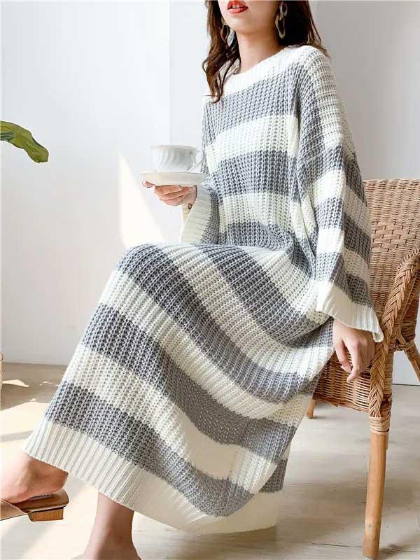 Crew Neck Striped Long Pullover Sweater Dress - SHExFAB