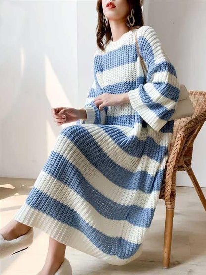 Crew Neck Striped Long Pullover Sweater Dress - SHExFAB