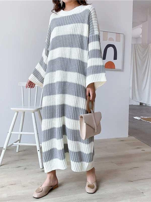 Crew Neck Striped Long Pullover Sweater Dress - SHExFAB