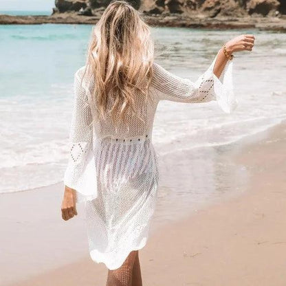 Crochet Long Sleeve Beach Cover Up Dress - SHExFAB