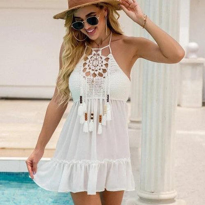 Crochet Tassel Beach Cover Up Short Dress - SHExFAB