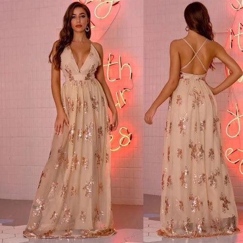 Cross Strap Backless Maxi Sequin Slit Dress - SHExFAB