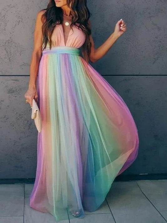 Customized Rainbow Mesh Sling Dress - SHExFAB