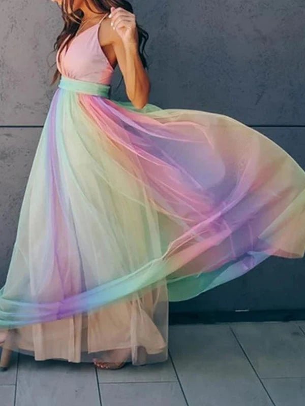 Customized Rainbow Mesh Sling Dress - SHExFAB