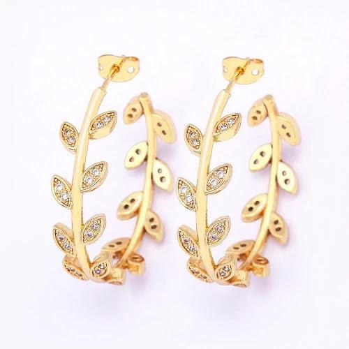 CZ Gold Plated Leaf Hoop Earrings - SHExFAB