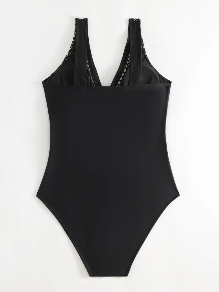 Deep V - Neck Black Lace One Piece Swimsuit - SHExFAB