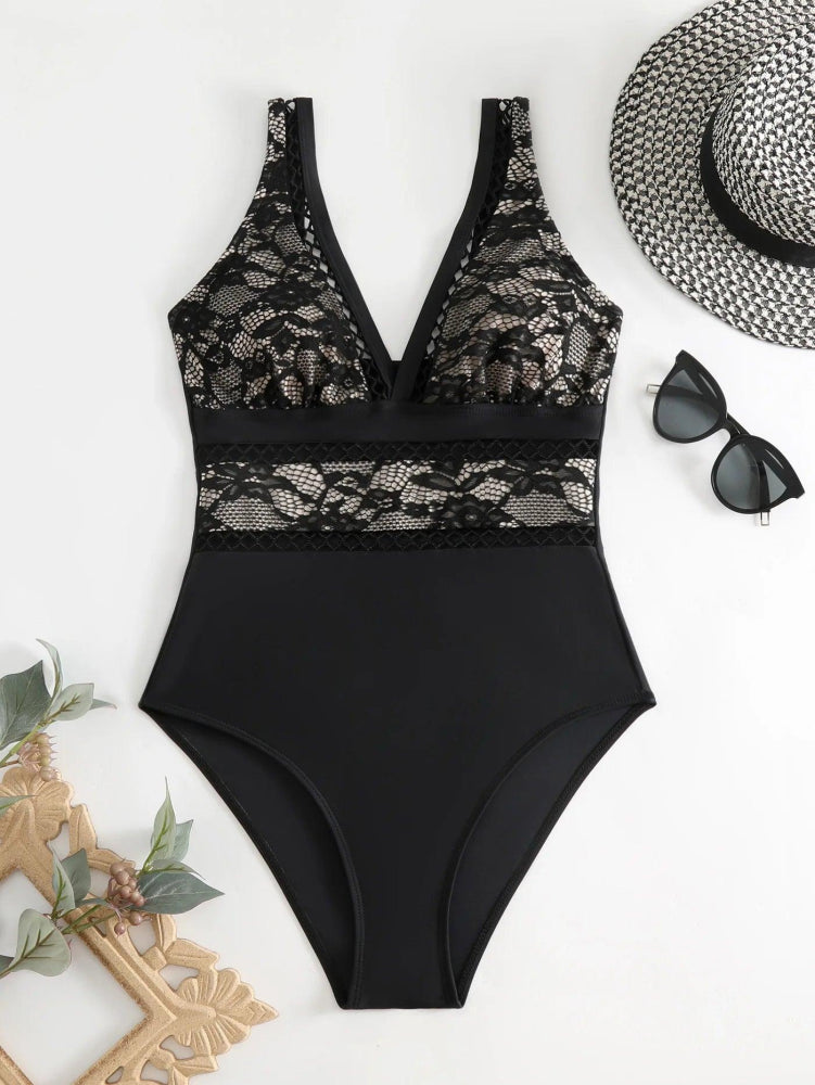 Deep V - Neck Black Lace One Piece Swimsuit - SHExFAB