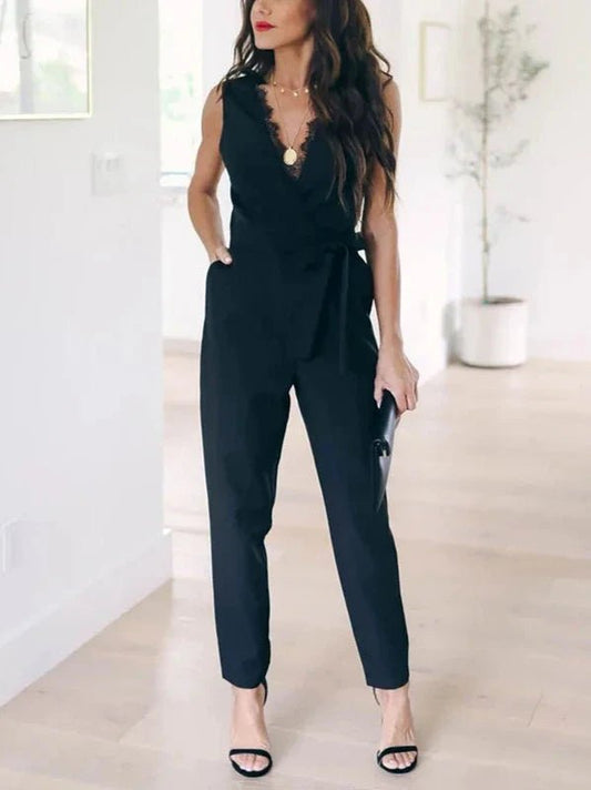 Deep V - Neck Black Party Jumpsuit With Belt - SHExFAB