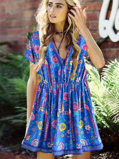 Deep V - Neck Blue Floral Mini Summer Dress - SHExFAB