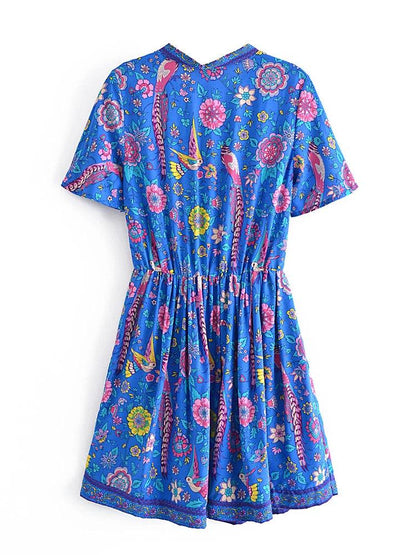 Deep V - Neck Blue Floral Mini Summer Dress - SHExFAB