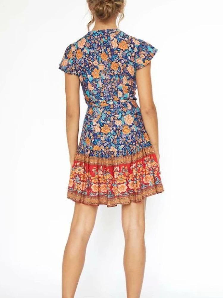 Deep V - Neck Cross Wrap Mini Blue Floral Dress - SHExFAB