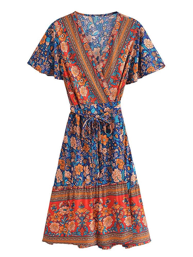 Deep V - Neck Cross Wrap Mini Blue Floral Dress - SHExFAB