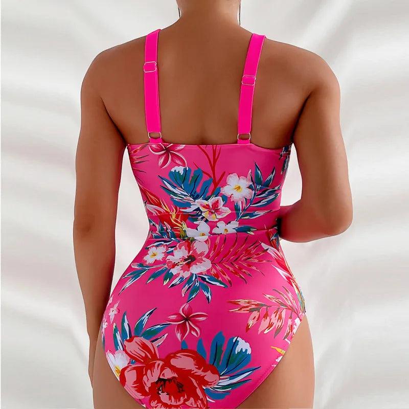 Deep V - Neck Push - Up Floral One - Piece Bathing Suit - SHExFAB