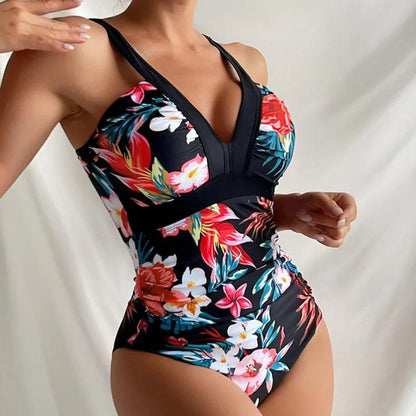 Deep V - Neck Push - Up Floral One - Piece Bathing Suit - SHExFAB