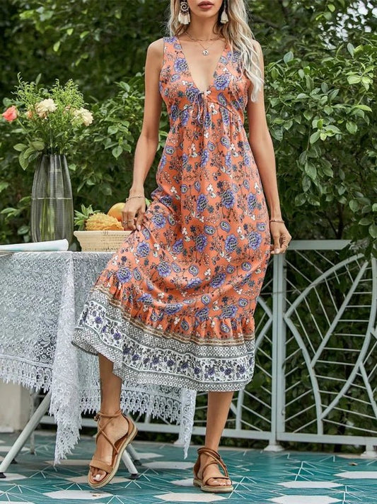 Deep V - Neck Rayon Cotton Summer Floral Dress - SHExFAB