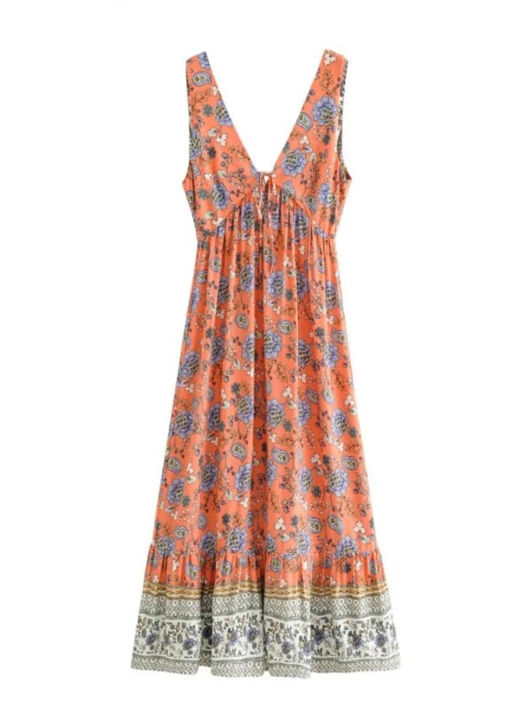 Deep V - Neck Rayon Cotton Summer Floral Dress - SHExFAB