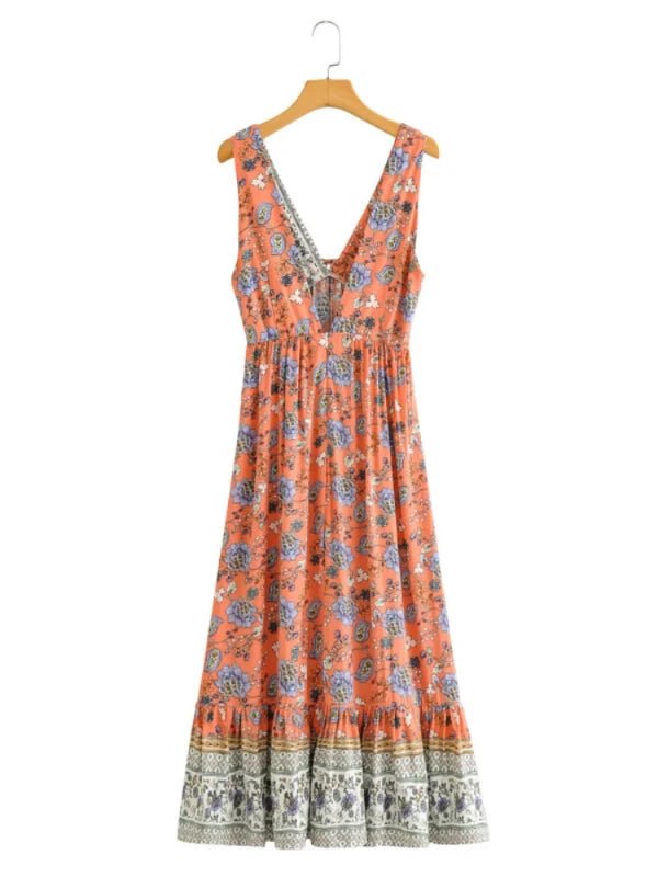 Deep V - Neck Rayon Cotton Summer Floral Dress - SHExFAB