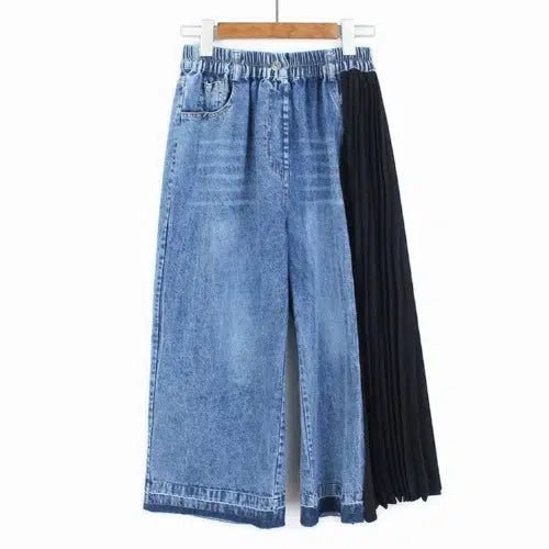 Denim Pleated Long Wide Leg Pants - SHExFAB