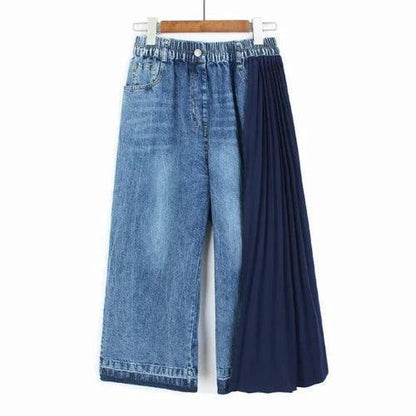 Denim Pleated Long Wide Leg Pants - SHExFAB