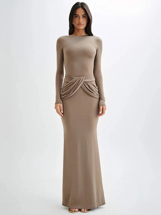 Diagonal Collar Draped Long Sleeve Bodycon Maxi Dress - SHExFAB