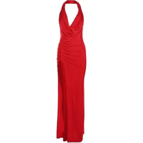 Draped Collar Red Evening Party Dress - SHExFAB