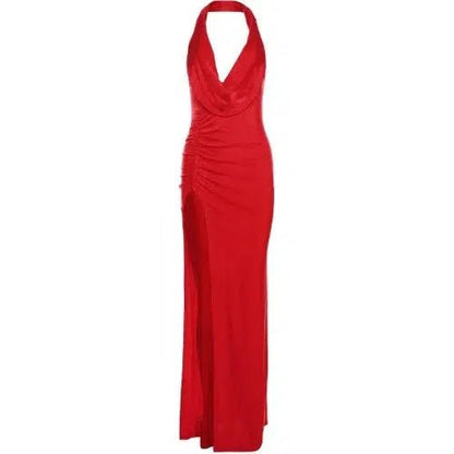 Draped Collar Red Evening Party Dress - SHExFAB