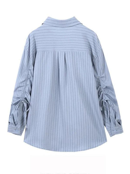 Drawstring Long Sleeve Blue Striped Pleated Shirt - SHExFAB