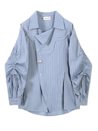 Drawstring Long Sleeve Blue Striped Pleated Shirt - SHExFAB