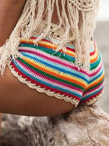 Drawstring Striped Knit Crochet Beach Shorts - SHExFAB