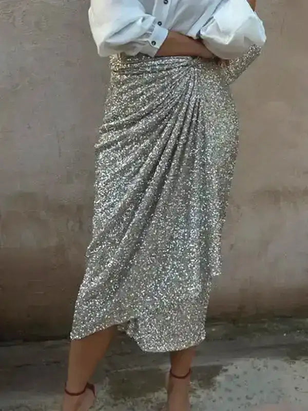 High Waist Wrap Draped Maxi Evening Sequin Skirt