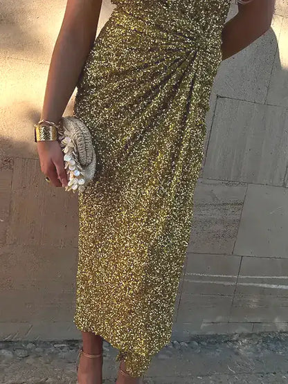 High Waist Wrap Draped Maxi Evening Sequin Skirt