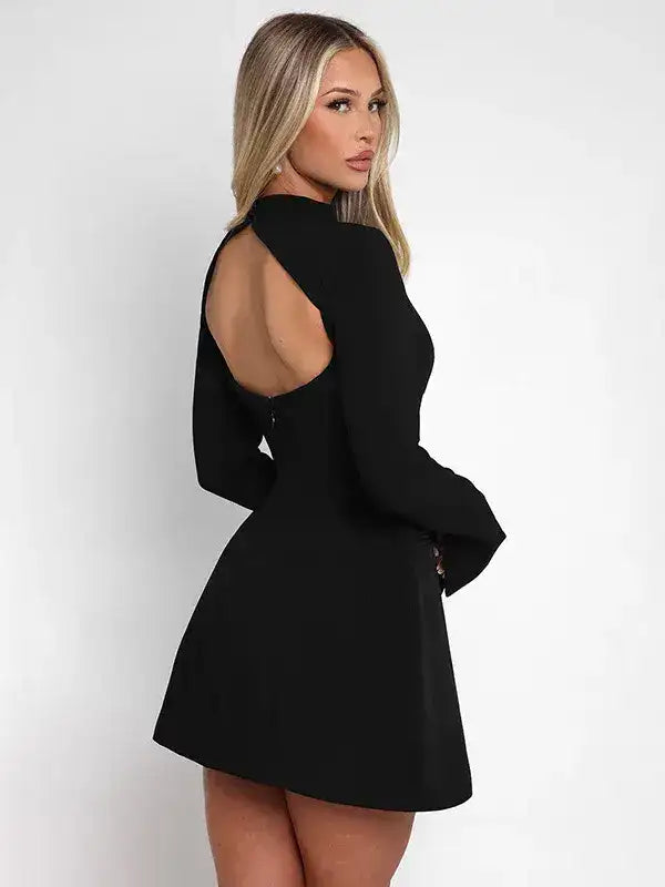 Black Backless Long Sleeve A-Line Mini Party Dress