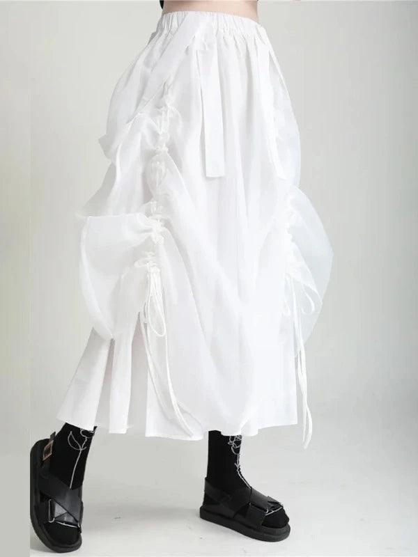 Elastic Waist Drawstring Long Ruched White Skirt - SHExFAB