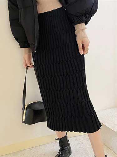 Elastic Waist Dressy Long Knitted Skirt - SHExFAB