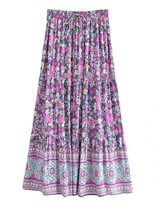 Elastic Waist Floral Printed Bohemian Pleated Maxi Skirt - SHExFAB